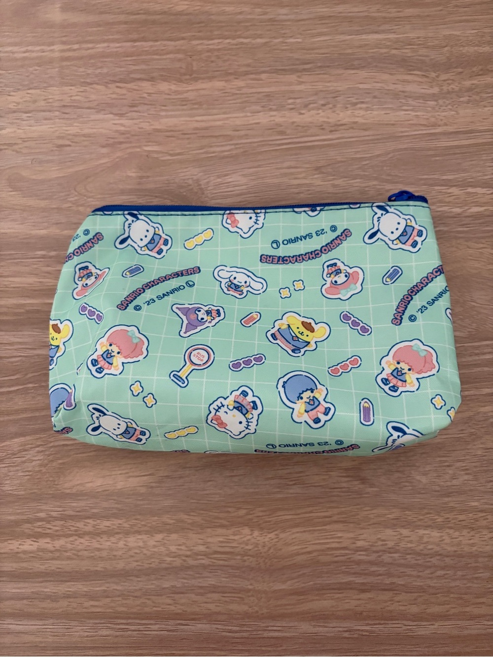 Sanrio Light Green Character Pouch with Blue Zipper